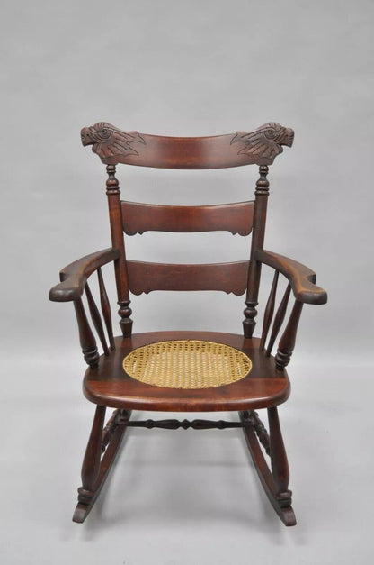 Antique Victorian Carved Mahogany Figural Eagle Cane Seat Rocker Rocking Chair