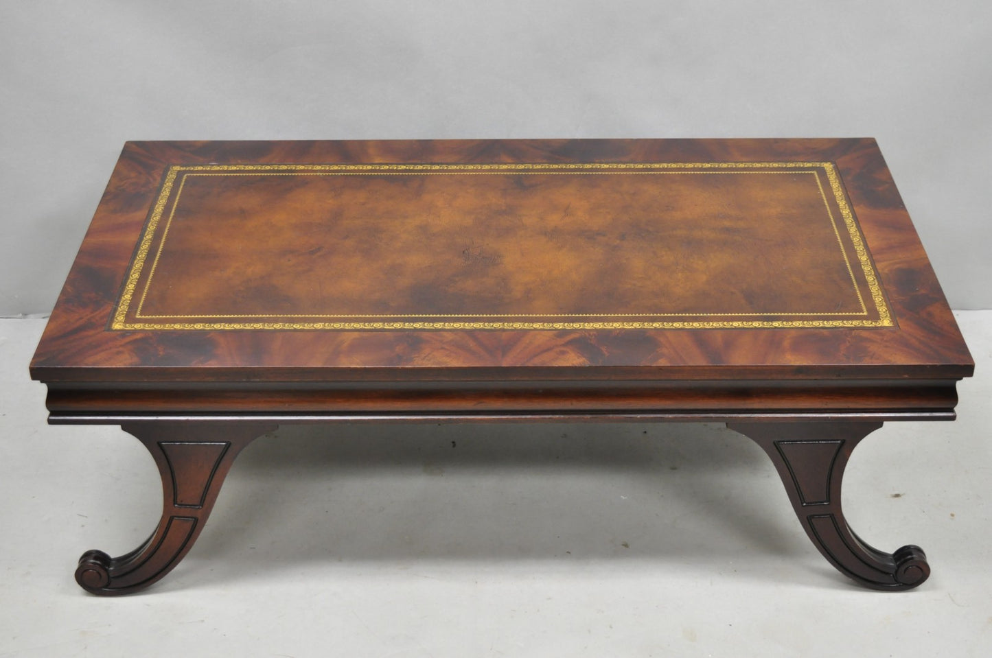Vintage French Regency Mahogany Leather Top Saber Leg Coffee Table attr Weiman