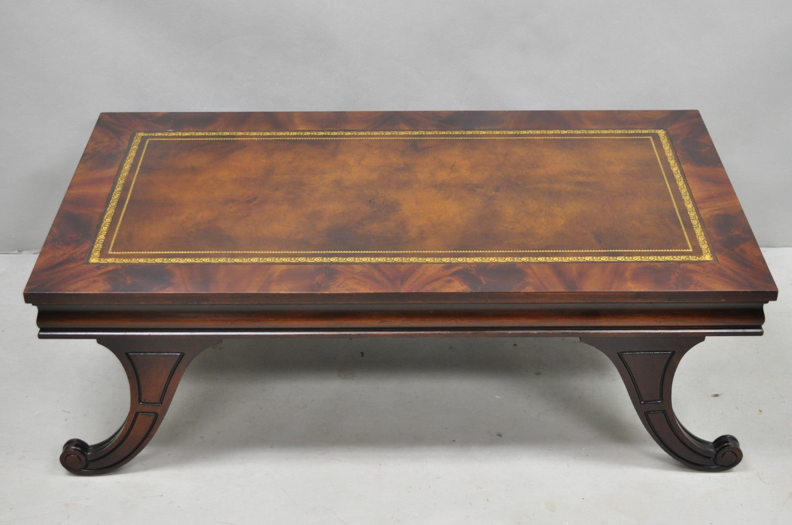Vintage French Regency Mahogany Leather Top Saber Leg Coffee Table attr Weiman