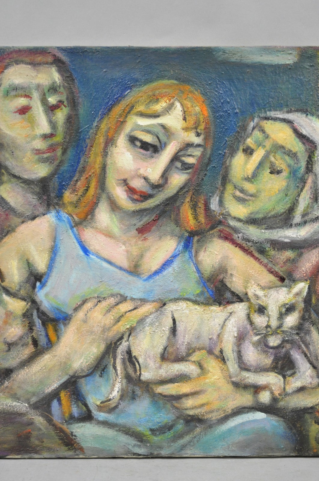 Vintage Samuel Heller "Women with Cat" Oil on Canvas Portrait Painting Signed