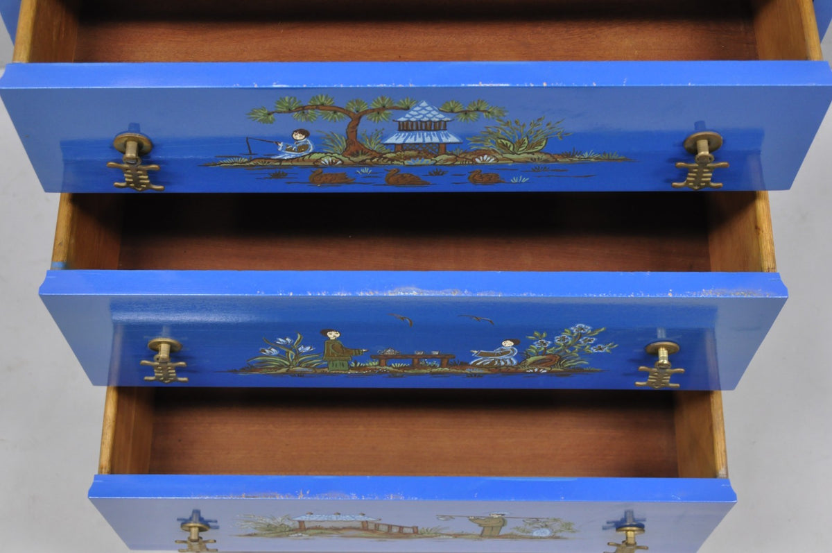 Vintage Chinoiserie Blue Hand Painted Gold Gilt Narrow Bookcase Secretary Desk