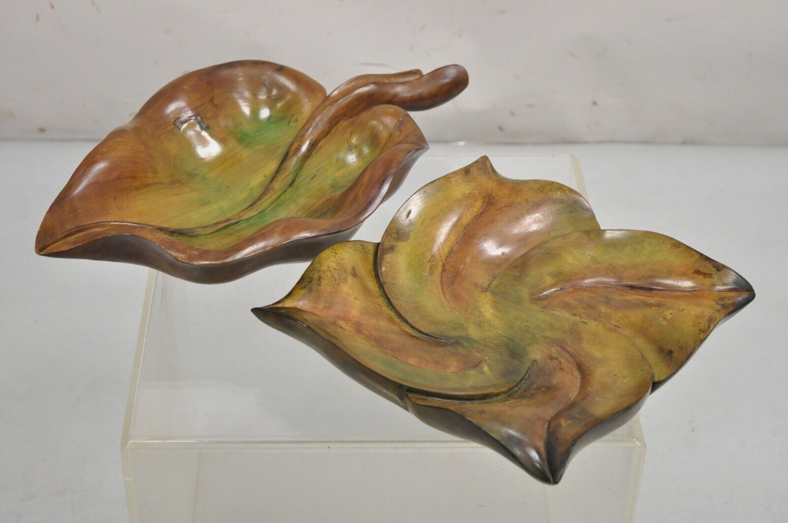 Vintage Dan Karner Mid Century Modern Square Carved Wood Leaf Centerpiece Bowl