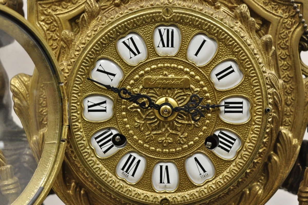Vintage French Louis XV Style Brevettato Italy Brass & Marble Figural Clock Set
