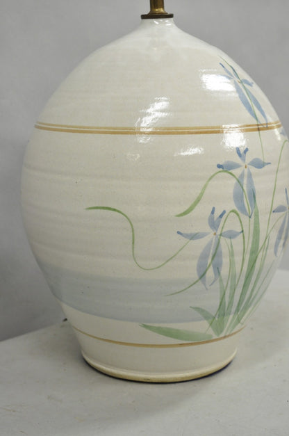 Vintage French Country Large Blue Flower Stoneware Pottery Vase Table Lamp