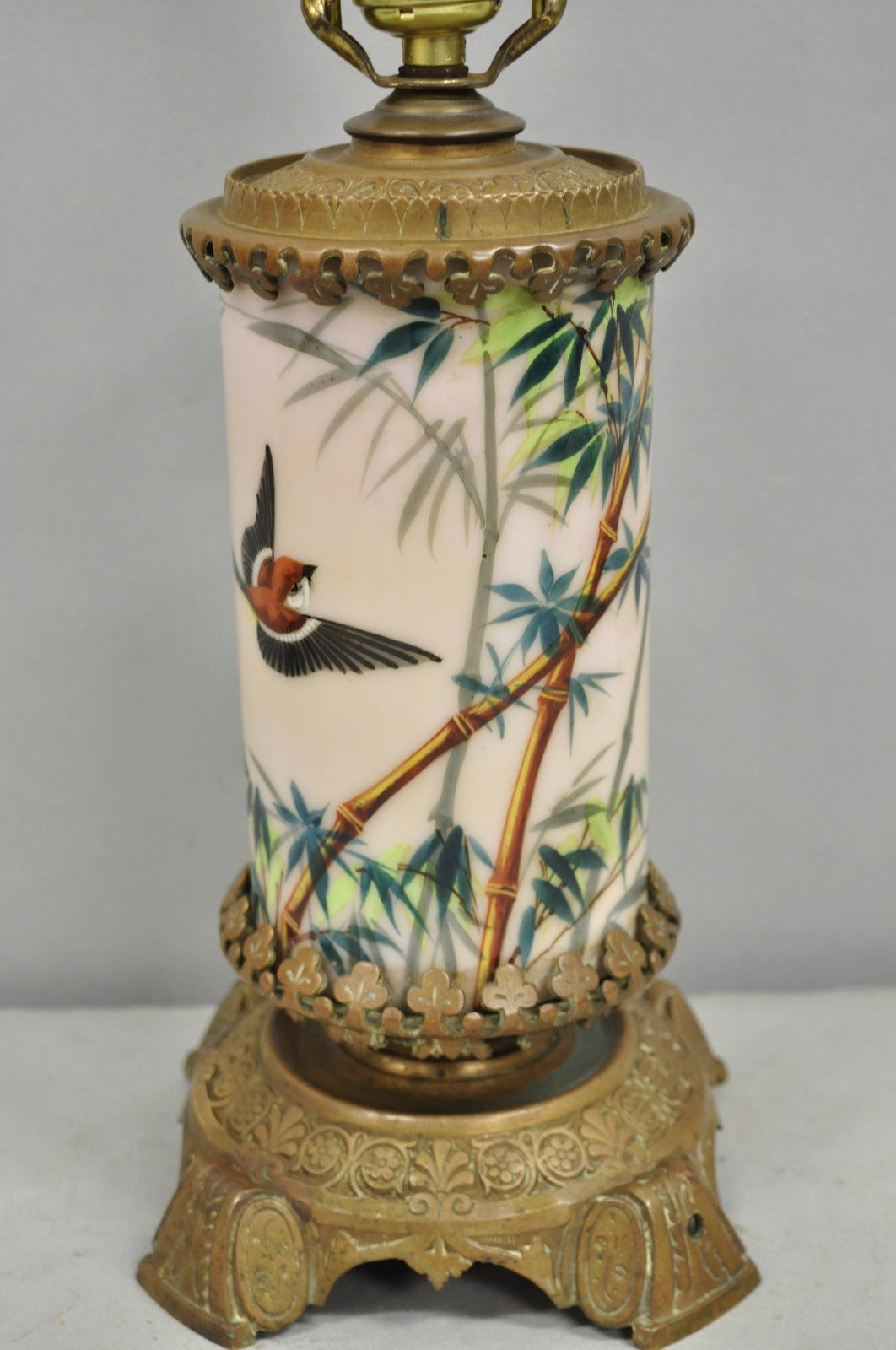 Art Nouveau Converted Oil Lamp Glass Cylinder Bird Painted Bronze Table Lamp