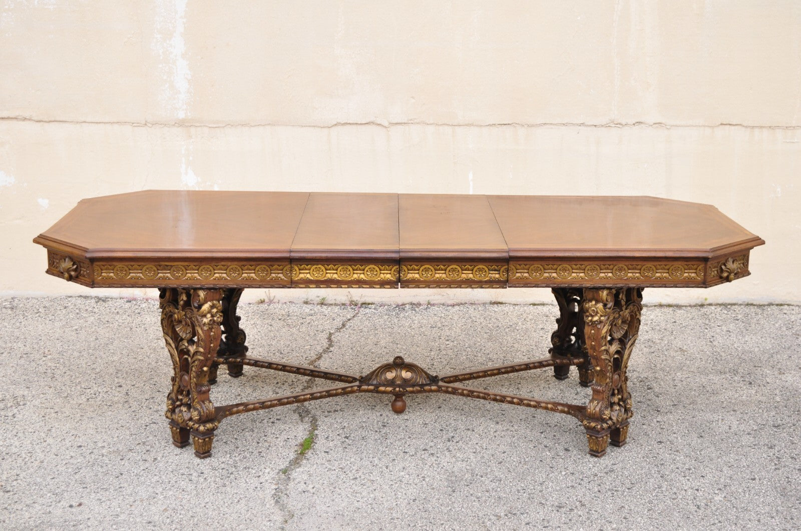 Antique French Baroque Rococo Revival Carved Walnut Dining Table w/ 2 Leaves