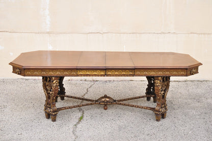 Antique French Baroque Rococo Revival Carved Walnut Dining Table w/ 2 Leaves