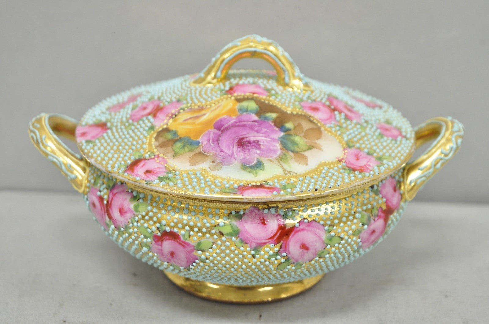 Antique Nippon Hand Painted Gold Gilt Porcelain Green Moriage Covered Sugar Bowl