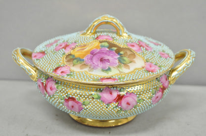 Antique Nippon Hand Painted Gold Gilt Porcelain Green Moriage Covered Sugar Bowl