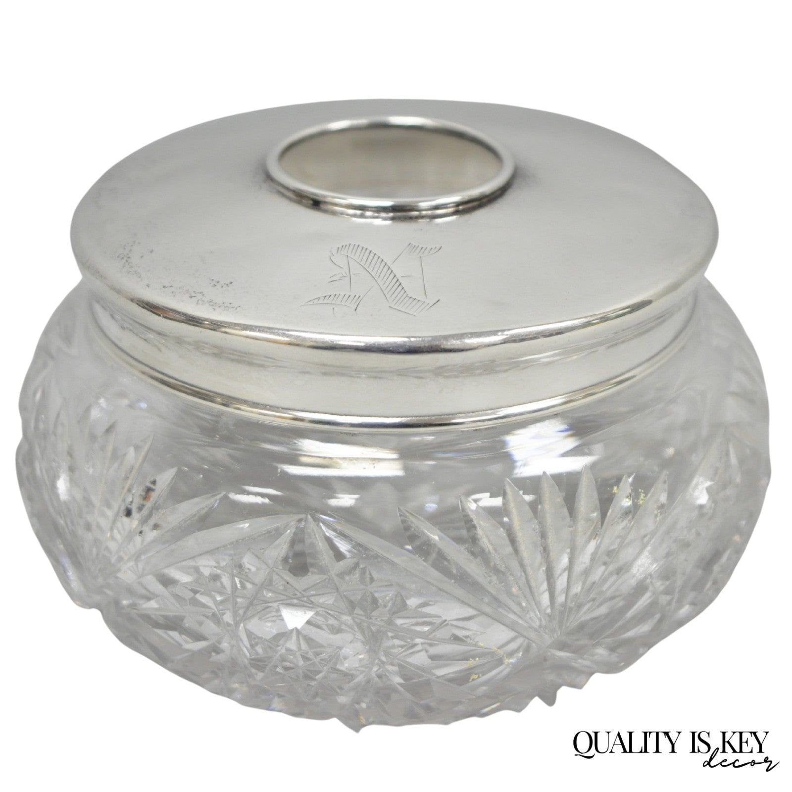 Antique Victorian Sterling Silver Crystal Glass Vanity Hair Receiver "N" Mono