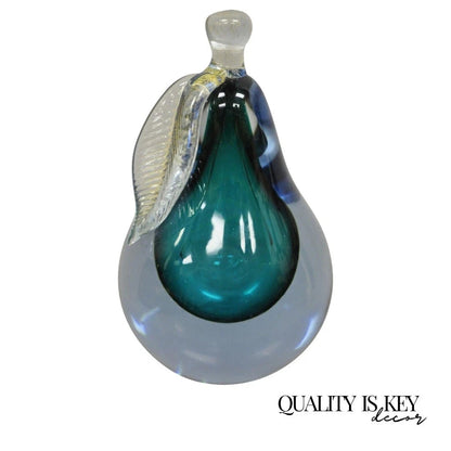 Italian Murano Blue 7" Blown Art Glass Pear Fruit Gold Flecks Leaf Paperweight