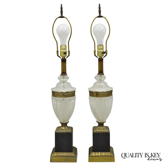 Vintage French Empire Hollywood Regency Cut Glass Crystal Urn Table Lamps - Pair