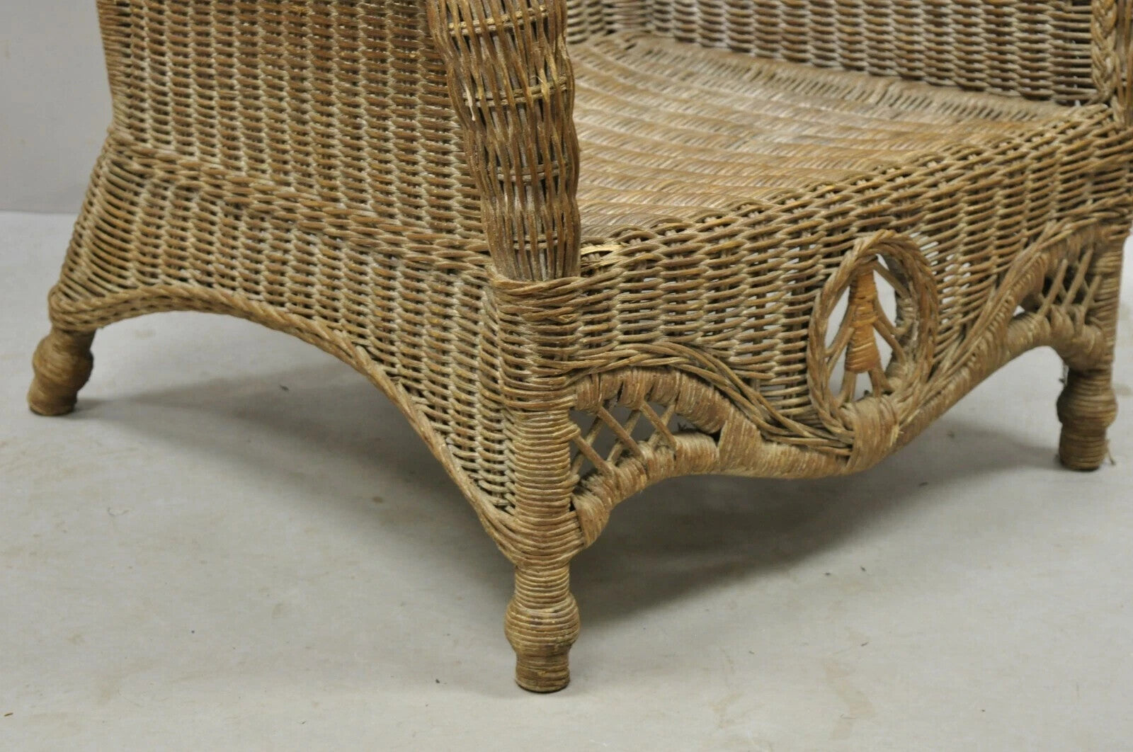 Vintage Victorian Style Large Woven Wicker Rattan Wingback Lounge Arm Chair