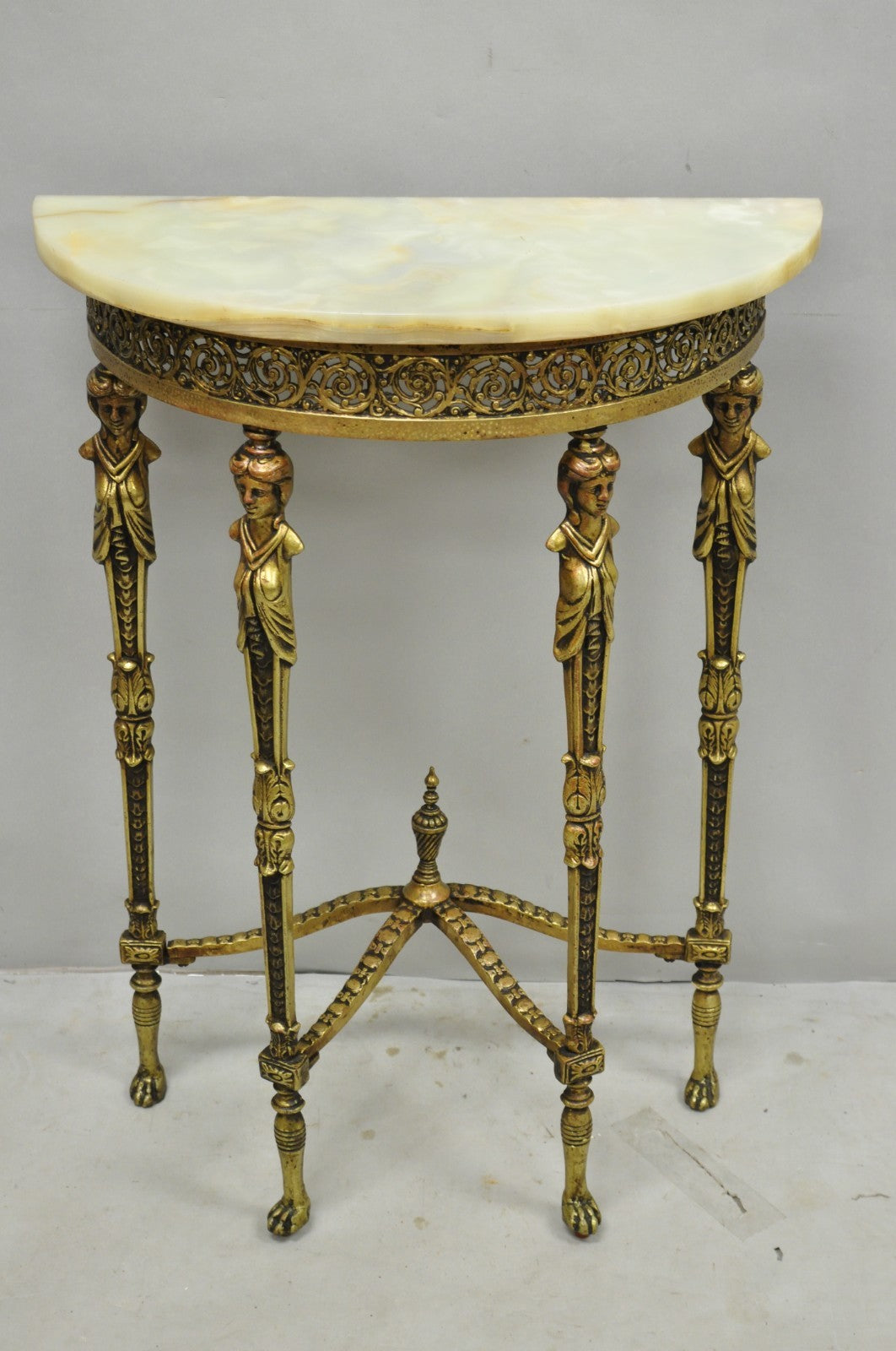 Antique Gothic Revival Oscar Bach Style Figural Bronze & Onyx Console Side Table