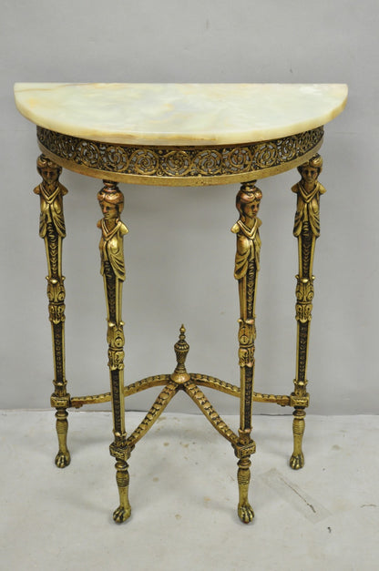 Antique Gothic Revival Oscar Bach Style Figural Bronze & Onyx Console Side Table