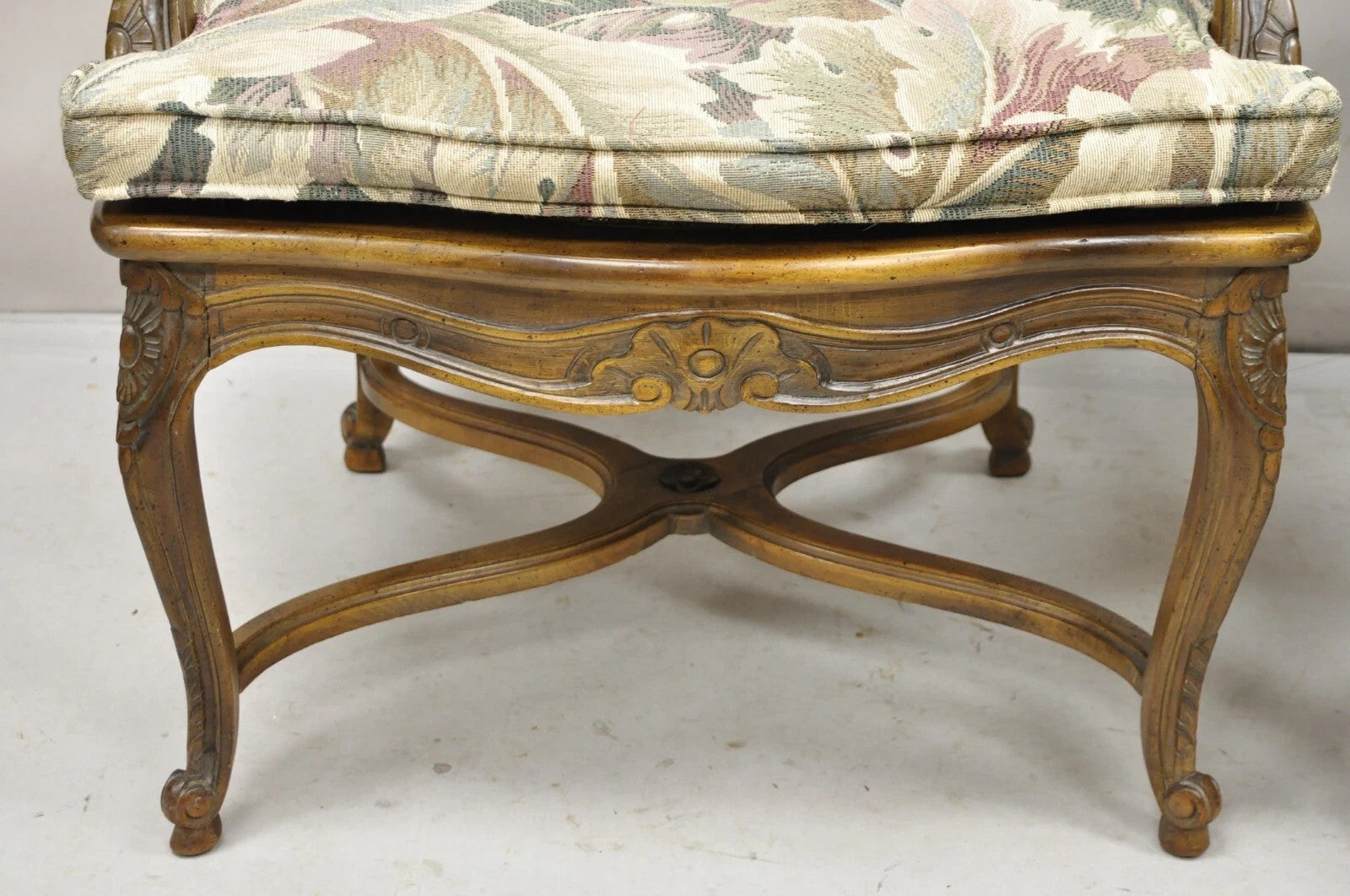 Vintage French Country Louis XV Style Upholstered Cane Lounge Arm Chairs - Pair