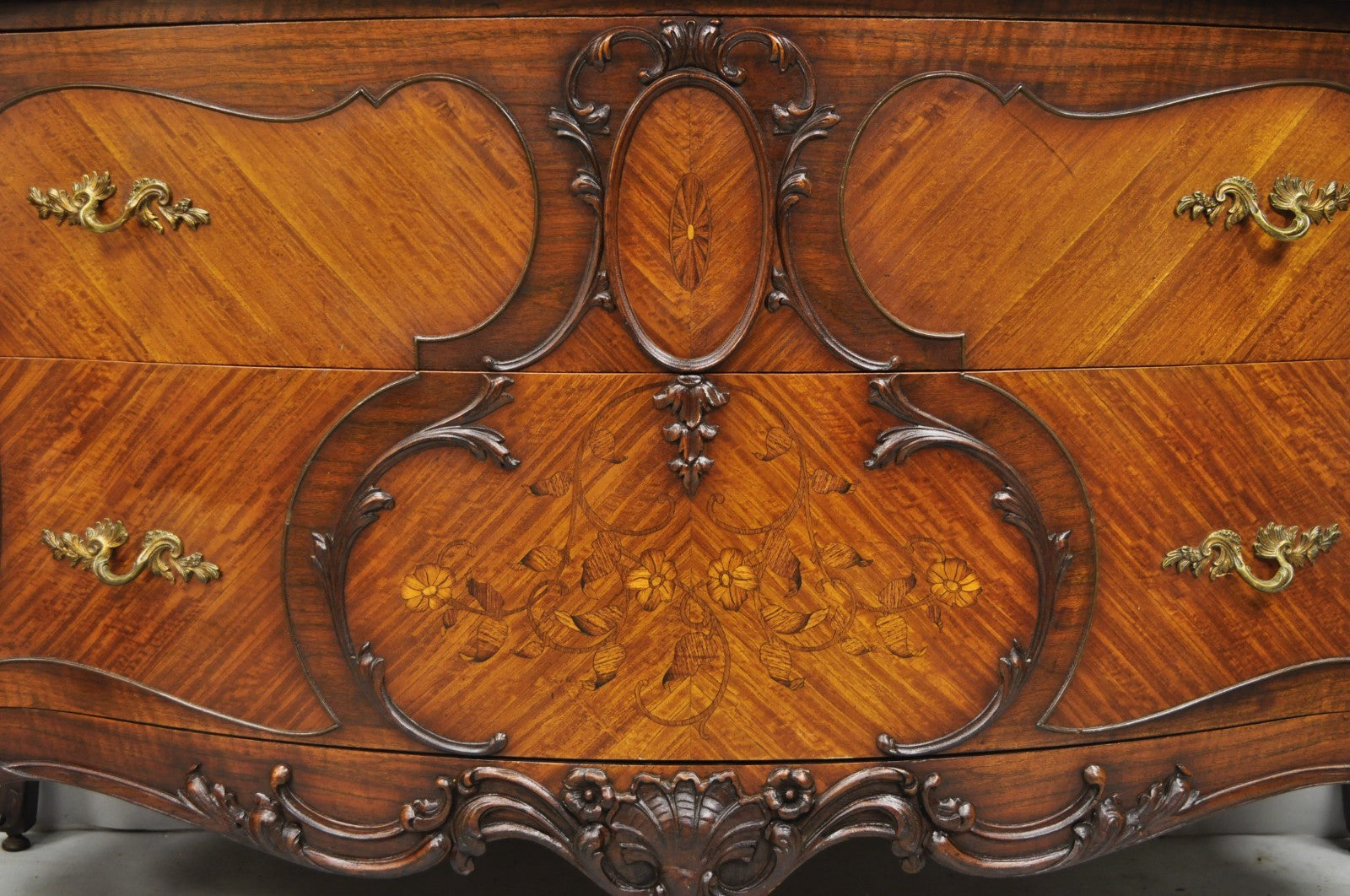 Antique French Louis XV Carved Walnut Inlaid Bombe Demilune Commode Dresser