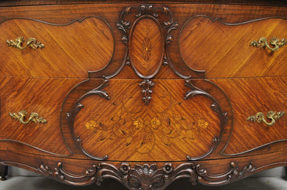 Antique French Louis XV Carved Walnut Inlaid Bombe Demilune Commode Dresser
