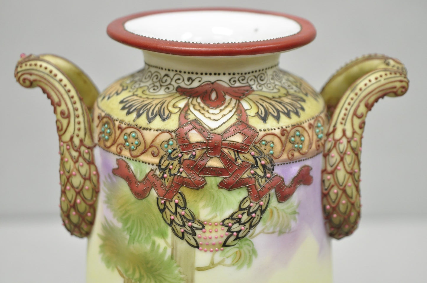 Antique Nippon Hand Painted Porcelain Countryside Moriage Tall Twin Handle Vase