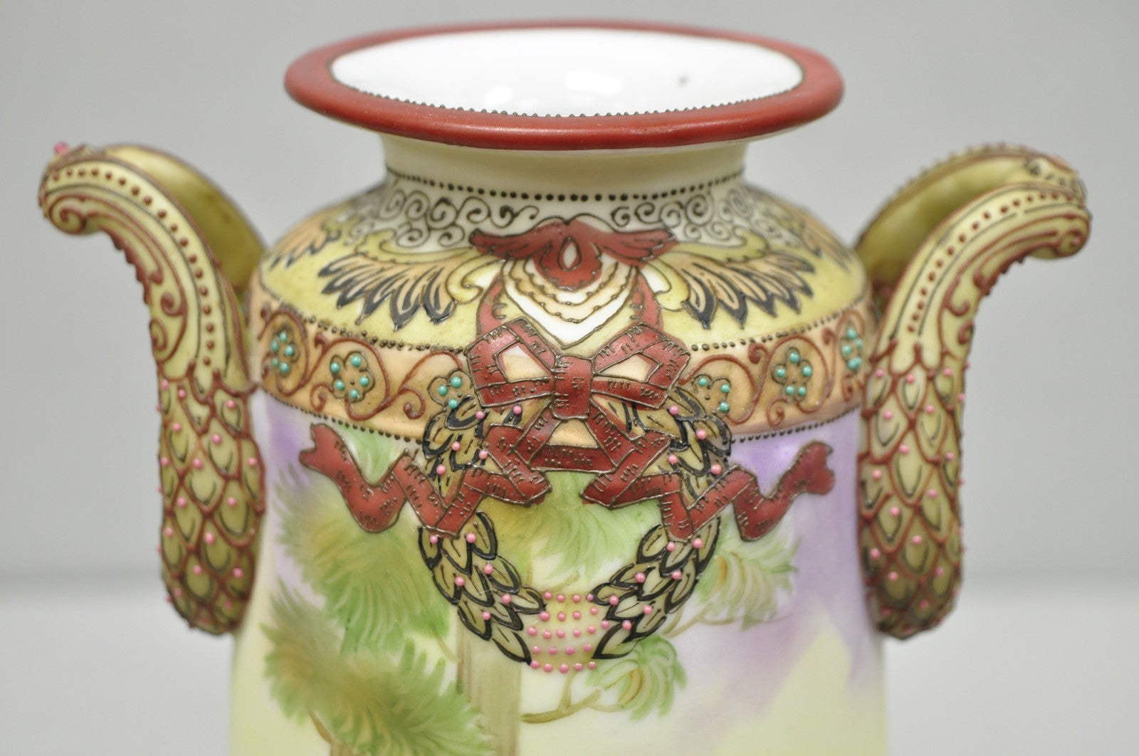 Antique Nippon Hand Painted Porcelain Countryside Moriage Tall Twin Handle Vase