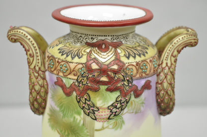 Antique Nippon Hand Painted Porcelain Countryside Moriage Tall Twin Handle Vase