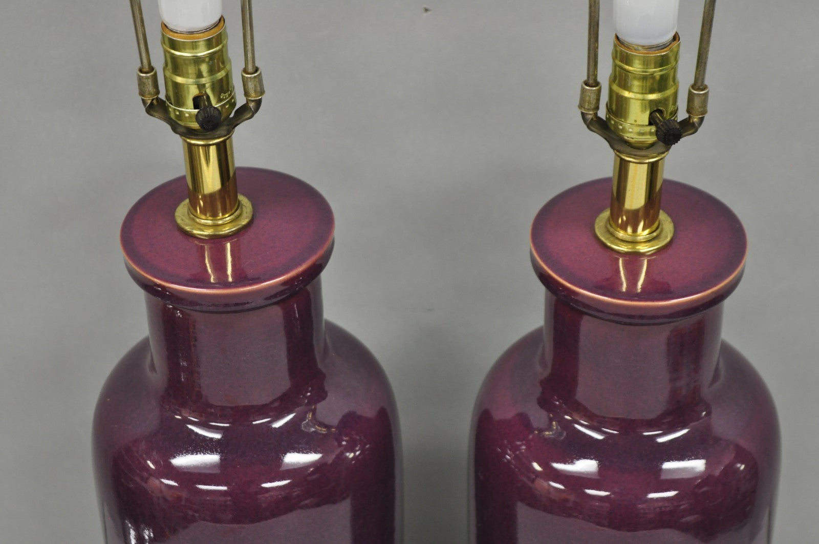Vintage Chinoiserie Plum Purple Ceramic Porcelain Jardiniere Table Lamps - Pair