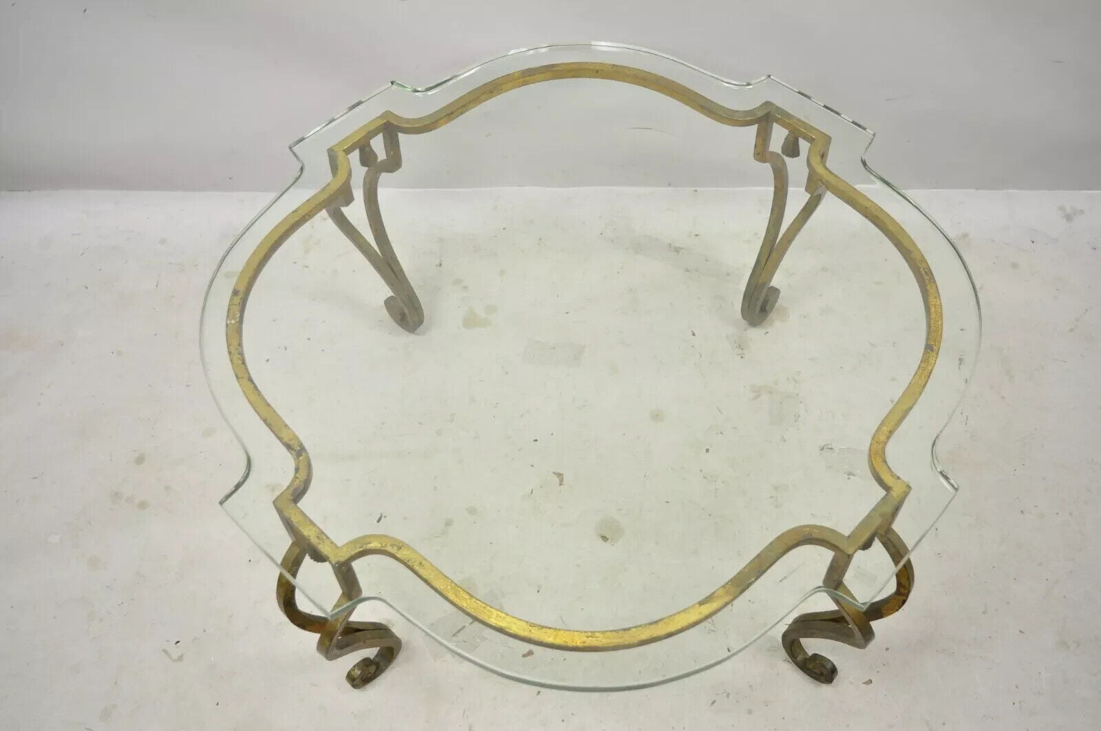 Vintage Italian Hollywood Regency Gold Gilt Iron Scalloped Glass Coffee Table