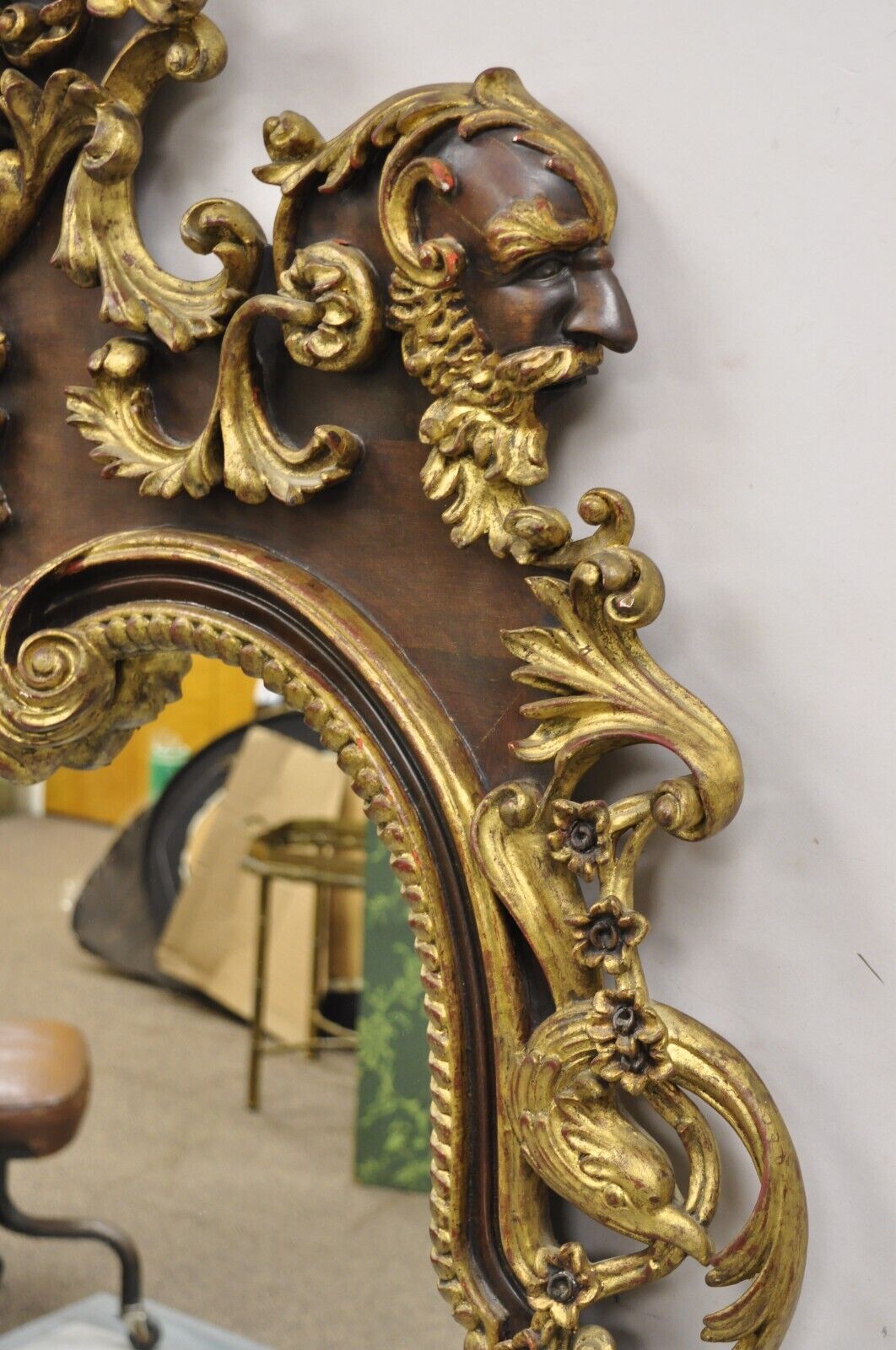 Antique Italian Baroque Figural Mahogany Giltwood Large Wall Mirror w/ Faces