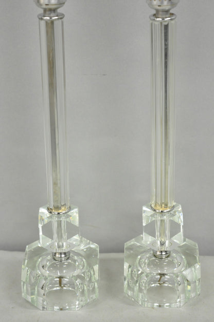 Vintage Art Deco Glass Column Candlestick Small Boudoir Vanity Bedroom Lamp Pair