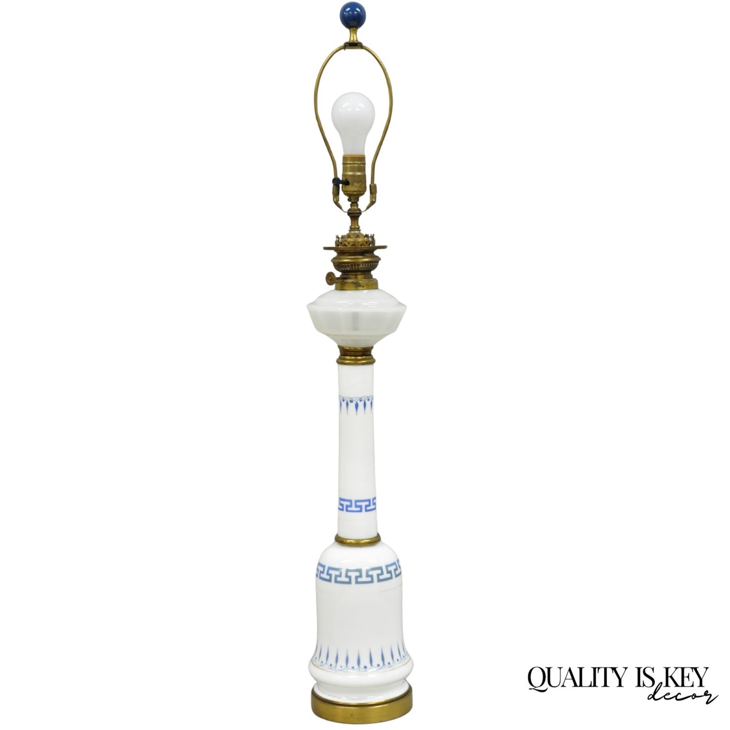 Vintage Italian Neoclassical White Milk Glass Column Blue Greek Key Table Lamp
