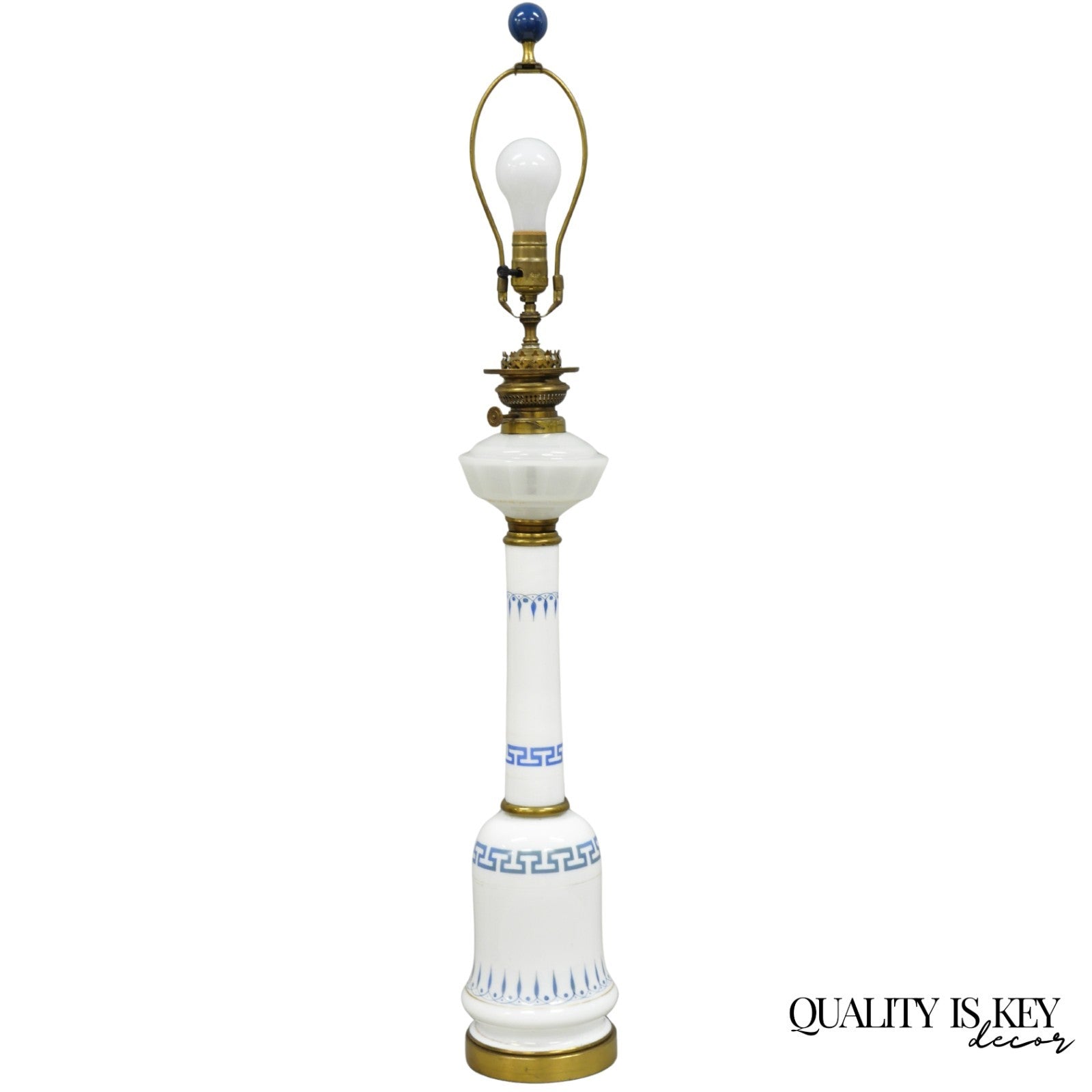 Vintage Italian Neoclassical White Milk Glass Column Blue Greek Key Table Lamp