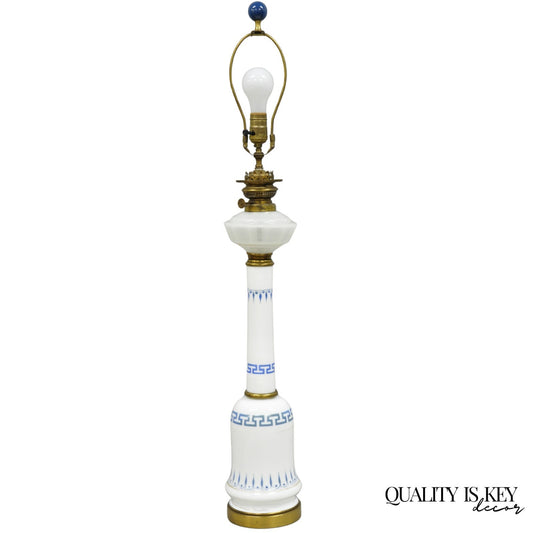 Vintage Italian Neoclassical White Milk Glass Column Blue Greek Key Table Lamp