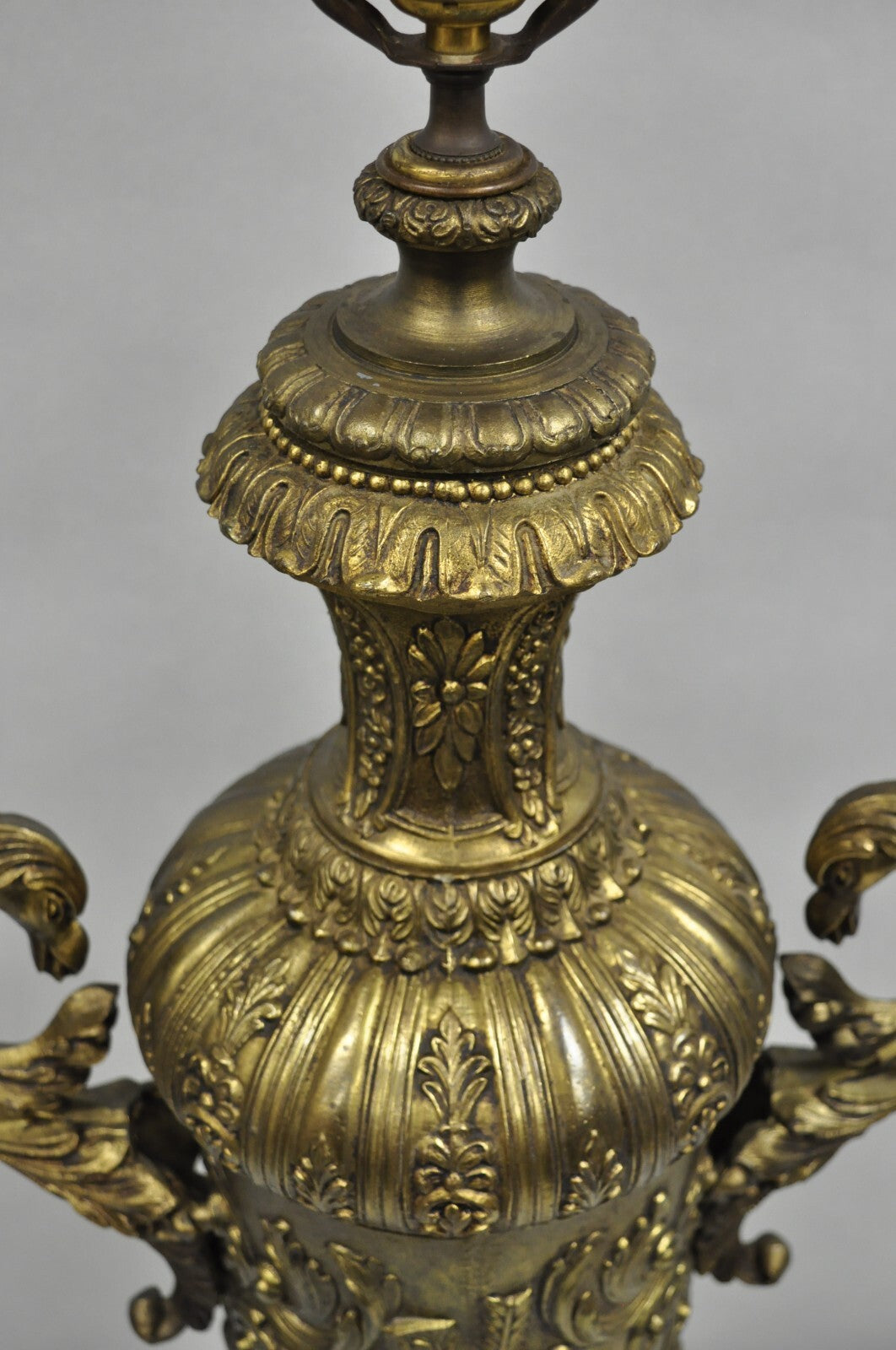 Antique Italian Renaissance Gold Bronze Figural Twin Handle Urn Large Table Lamp