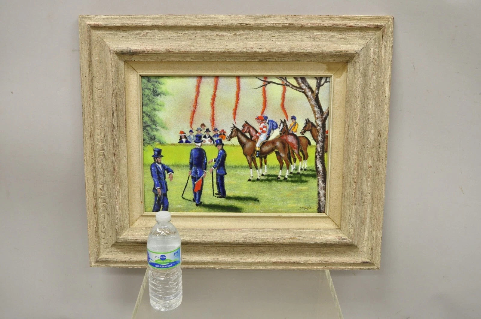 Dom Dominic Mingolla Enamel on Copper Framed Painting Horse Jockey Race Derby