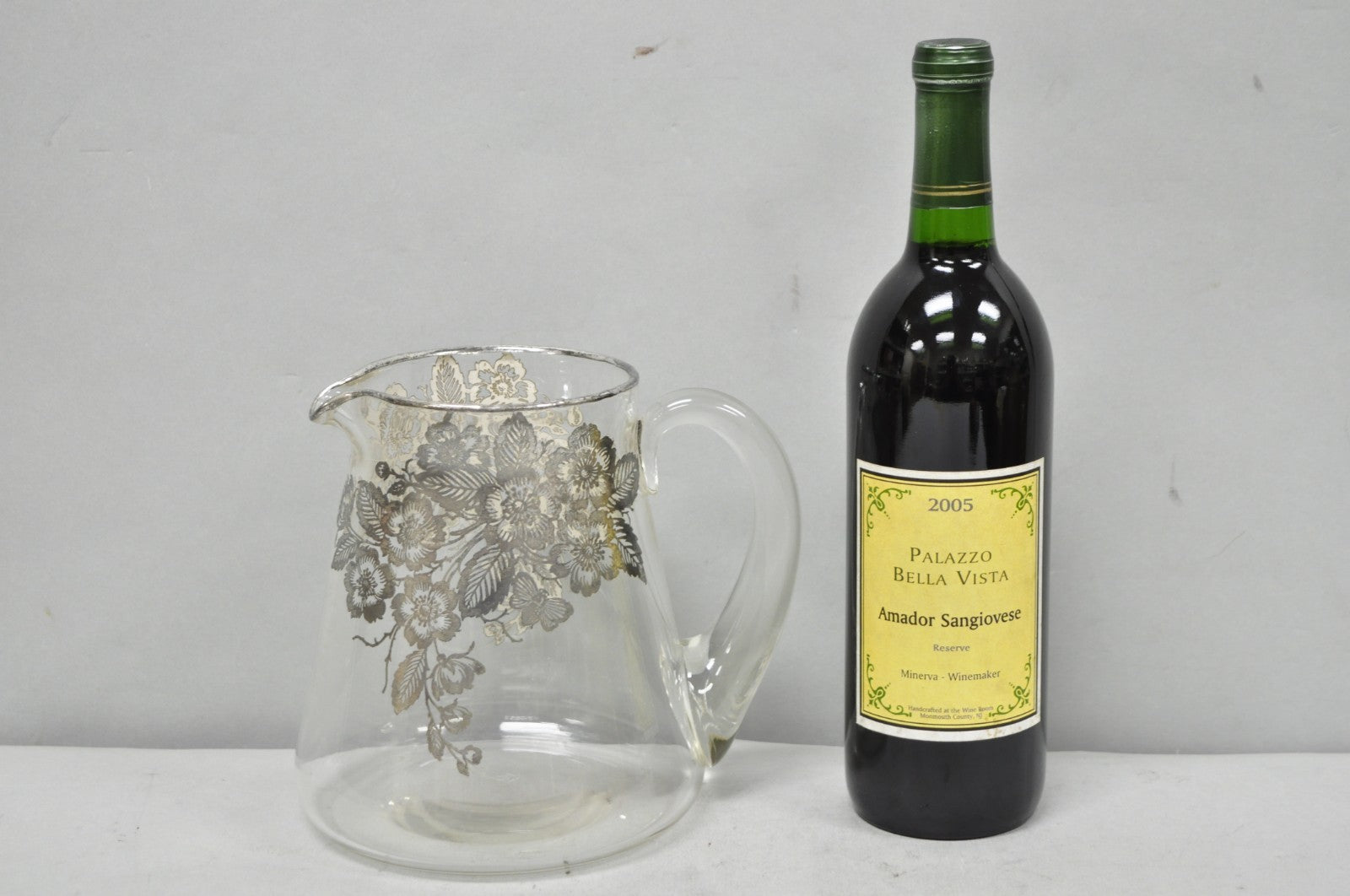 Vintage Art Nouveau Floral Sterling Silver Overlay Crystal Glass Water Pitcher
