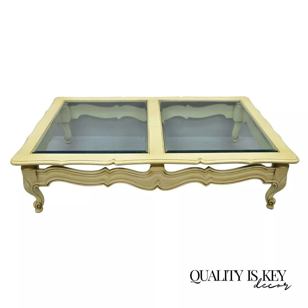 Vintage French Provincial Style Beveled Glass Cream Painted Large Coffee Table