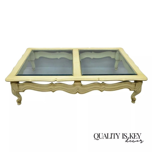 Vintage French Provincial Style Beveled Glass Cream Painted Large Coffee Table