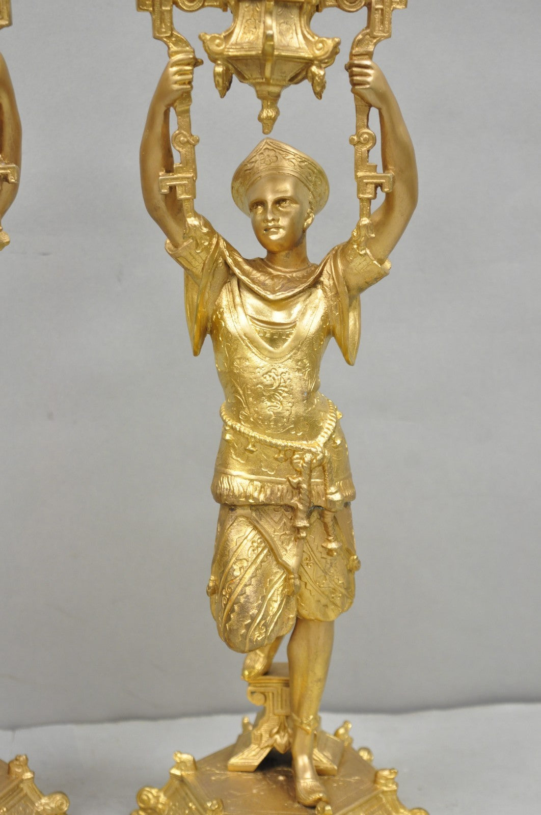 Antique Orientalist Gold Gilt Bronze Figural Male and Female Candlesticks - Pair