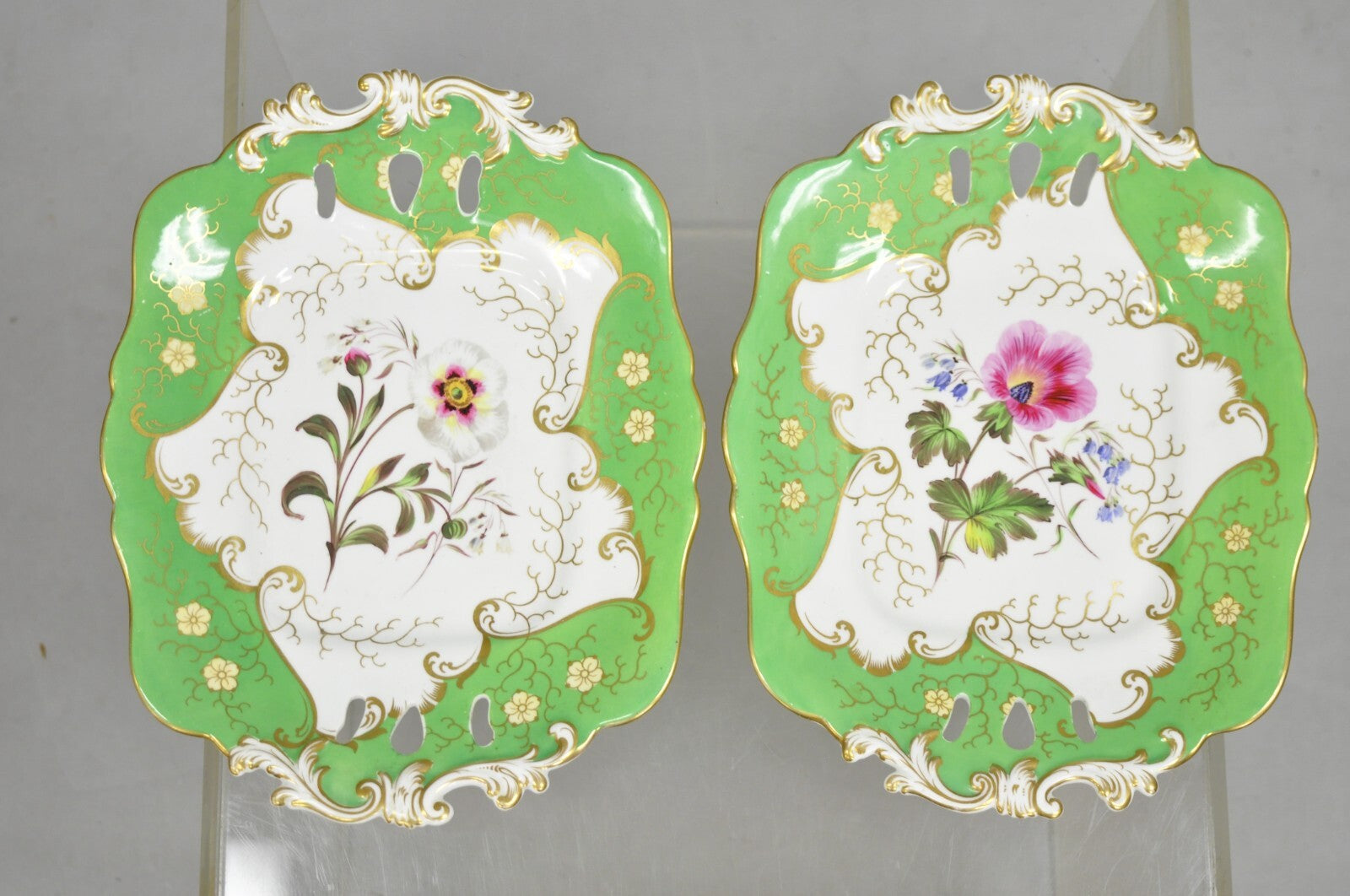 Antique Samuel Alcock Bone China Porcelain Dessert Plate Green w/ Flowers - Pair