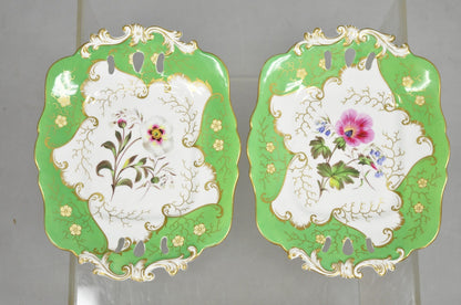 Antique Samuel Alcock Bone China Porcelain Dessert Plate Green w/ Flowers - Pair