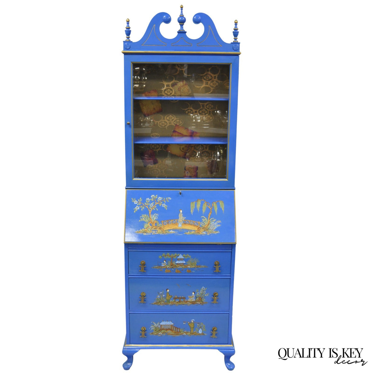 Vintage Chinoiserie Blue Hand Painted Gold Gilt Narrow Bookcase Secretary Desk