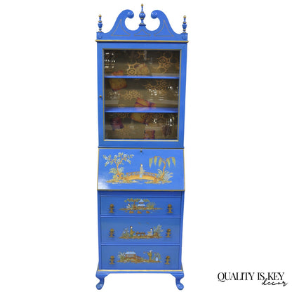 Vintage Chinoiserie Blue Hand Painted Gold Gilt Narrow Bookcase Secretary Desk