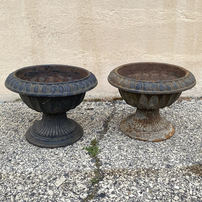 Antique French Empire Style Small 12" Cast Iron Urn Garden Planter Pots - Pair