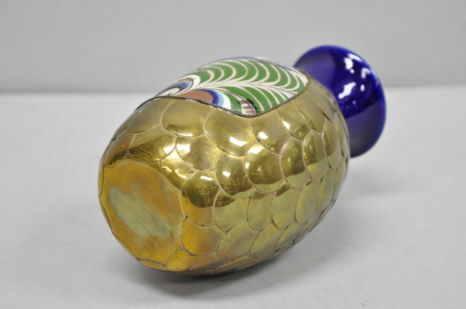 Mateos Mexico Tonala Pottery Mid Century Modern Brass Peacock Feather 7" Vase