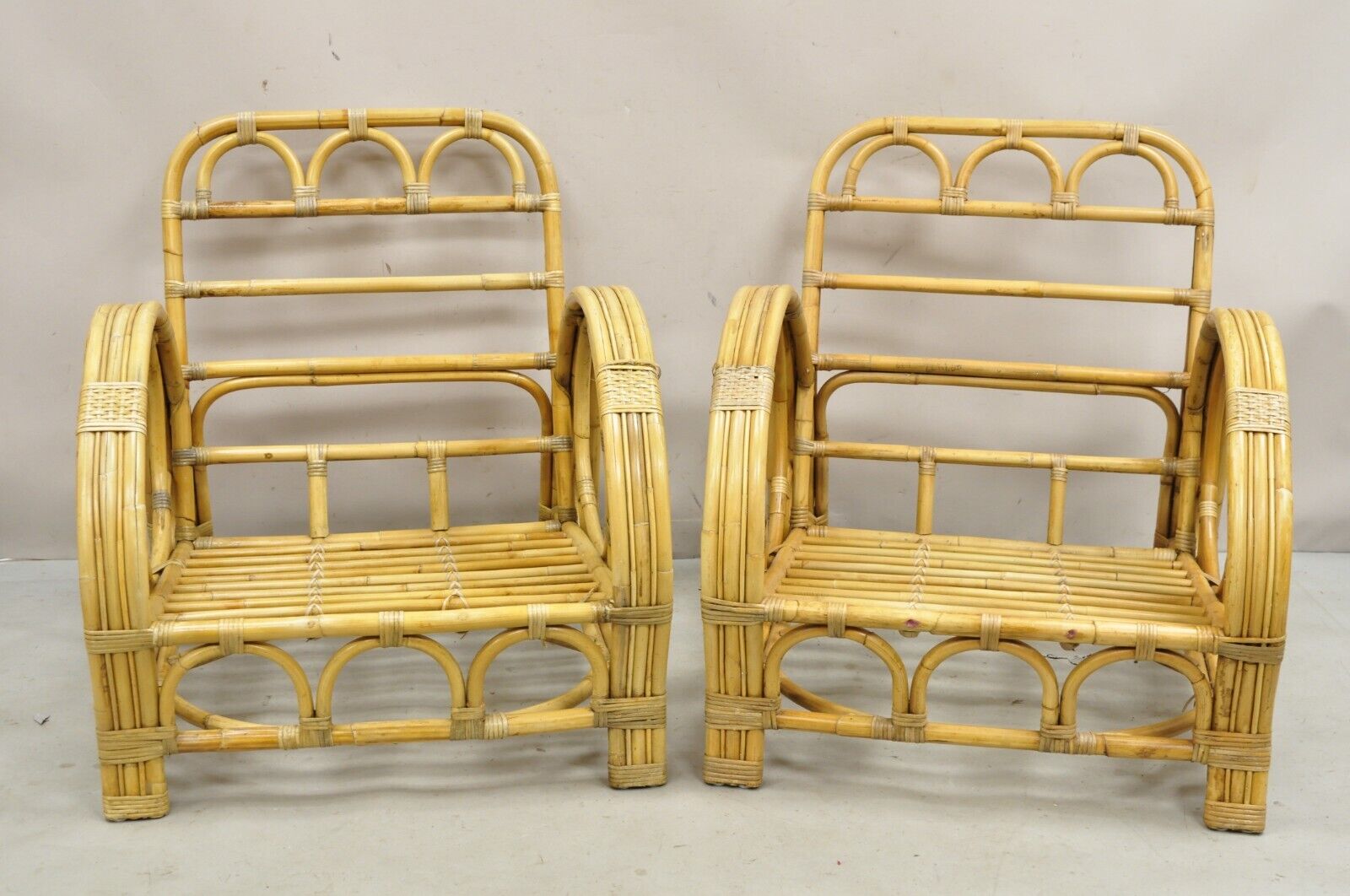 Vintage Hollywood Regency Bent Bamboo Wicker Rattan Pretzel Lounge Chairs - Pair