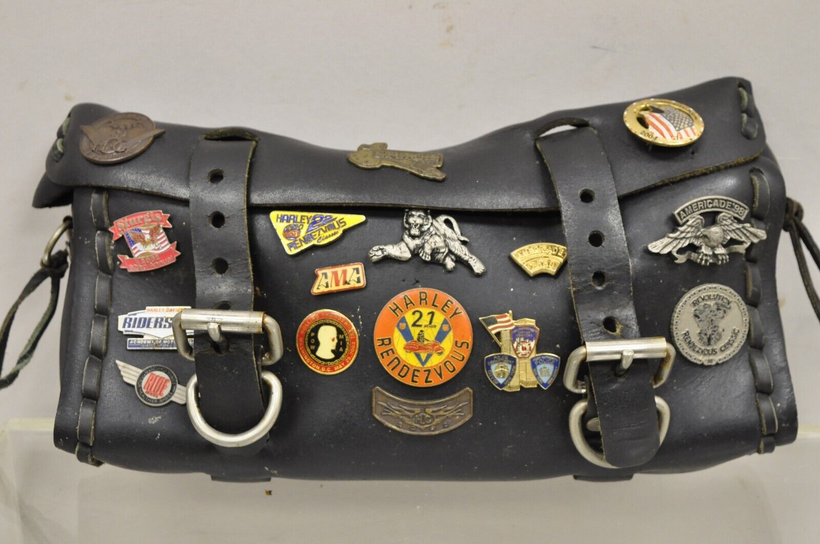 Vintage Black Leather Front Fork Saddle Tool Bag with Harley Davison Biker Pins