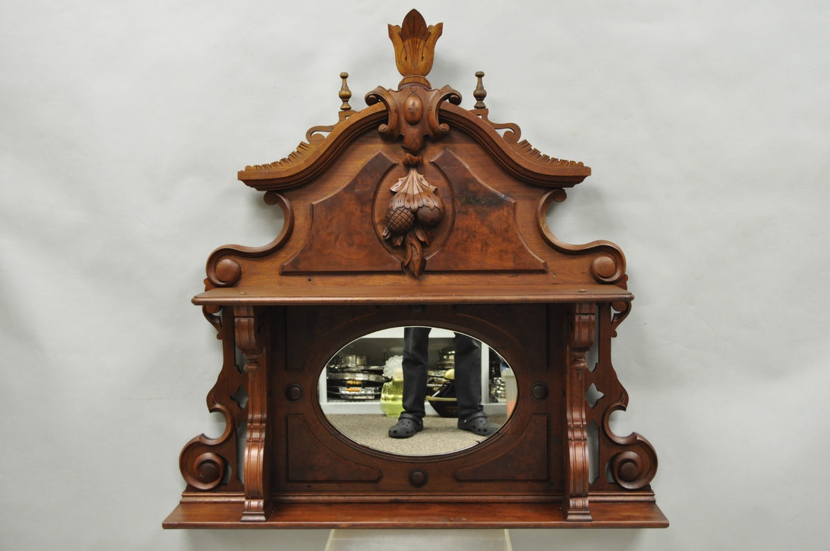 Antique Eastlake Victorian Carved Walnut Oval Mirror Sideboard Backsplash Shelf
