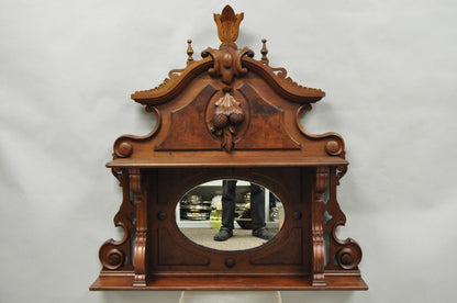 Antique Eastlake Victorian Carved Walnut Oval Mirror Sideboard Backsplash Shelf