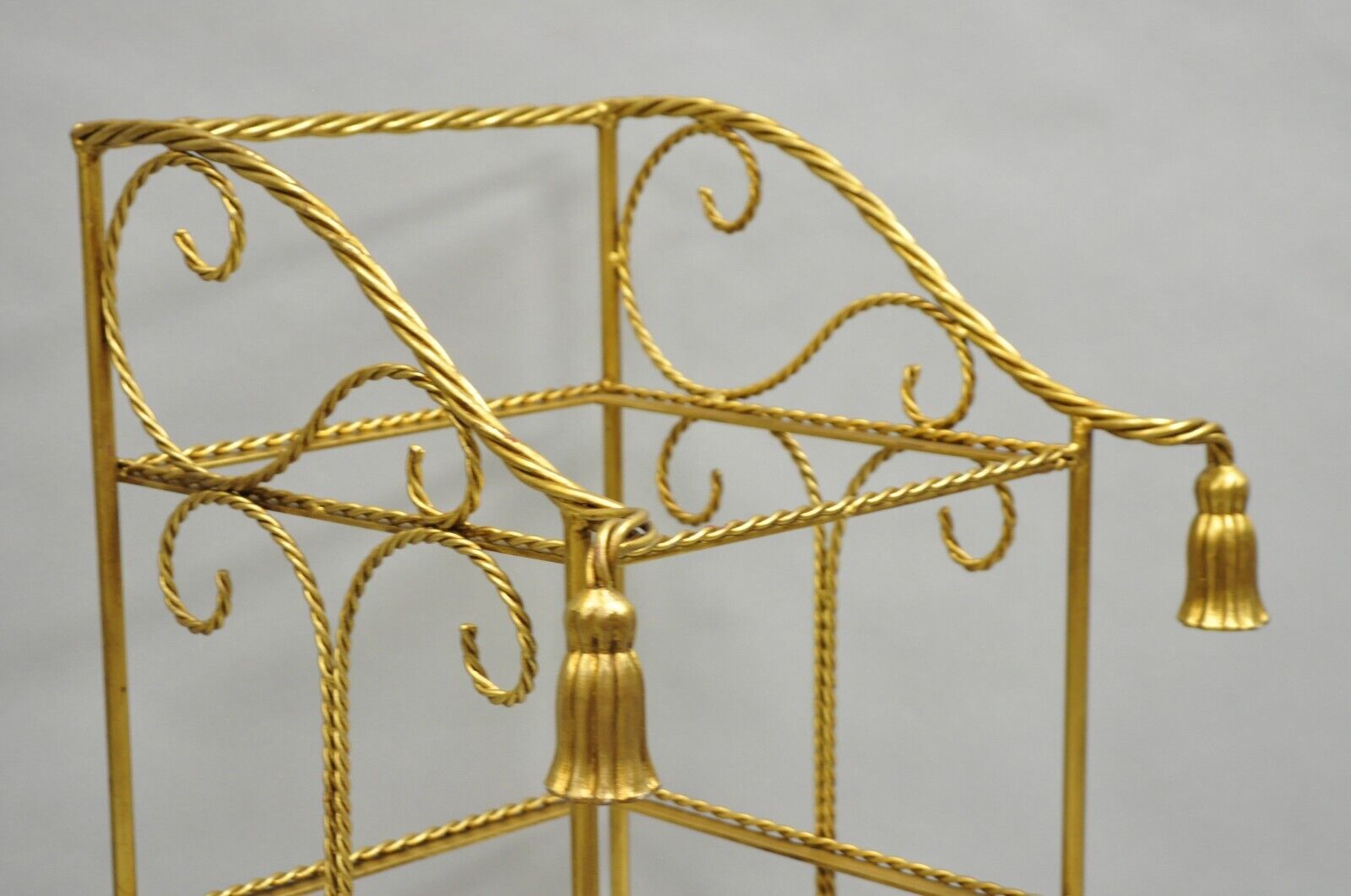 Italian Hollywood Regency Gold Gilt Iron Tassel 3 Tier Etagere Towel Rack Stand