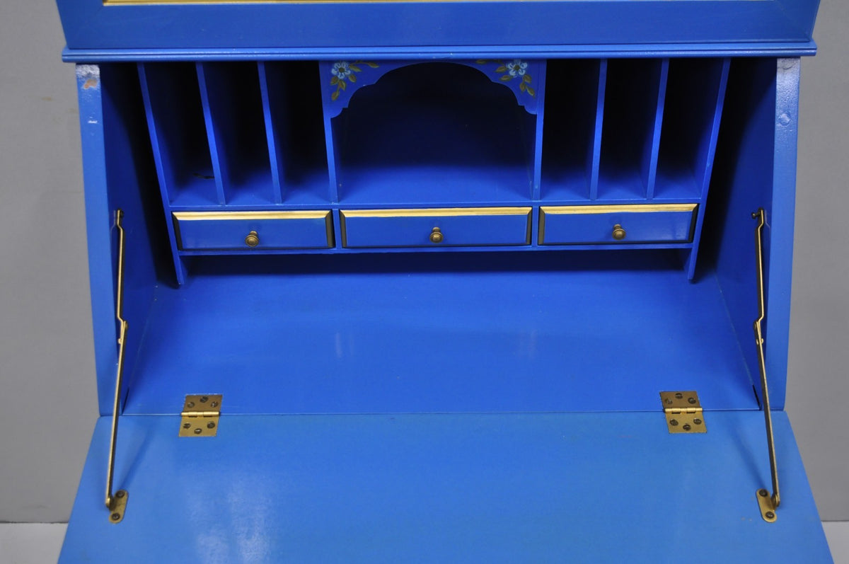 Vintage Chinoiserie Blue Hand Painted Gold Gilt Narrow Bookcase Secretary Desk